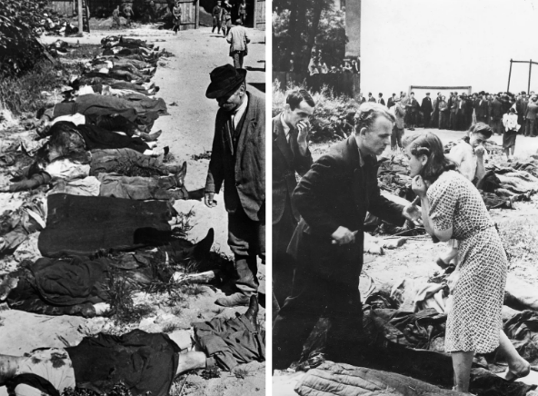 Тіла розстріляних українців у дворі вʼязниці Львова, липень 1943 року. Українці шукають тіла родичів у дворі вʼязниці у Львові, липень 1943 року.