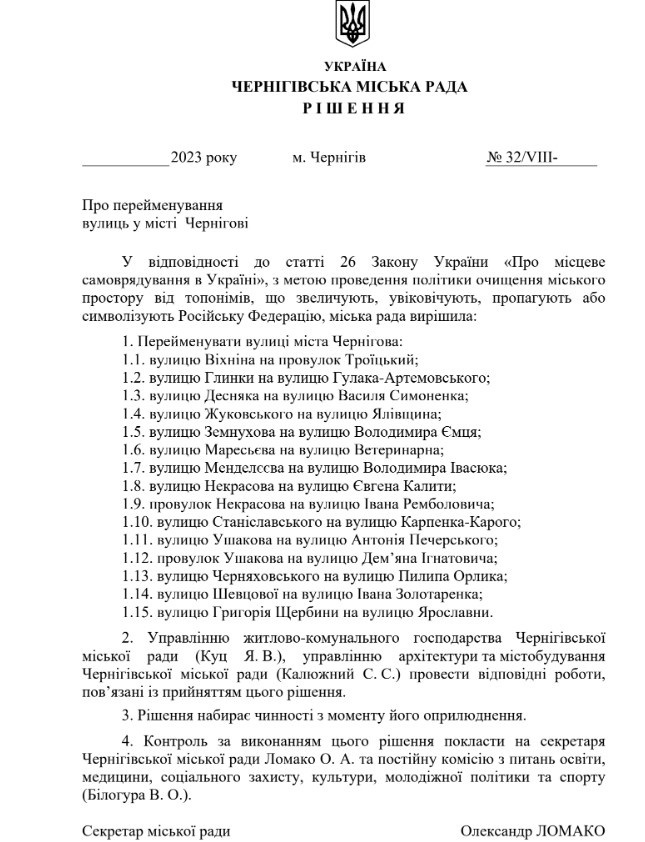 У Чернігові депутати міськради перейменували ще 11 вулиць і два провулки, 02.06.2023